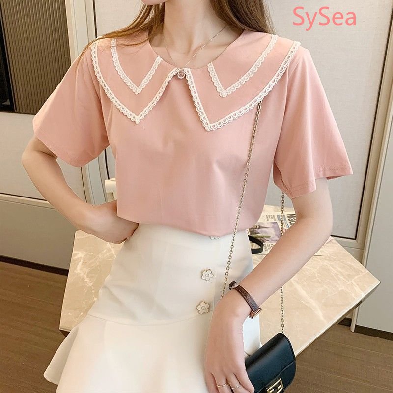 Áo Sơ Mi Ngắn Tay Dáng Rộng Phối Ren Phong Cách Hàn Quốc Dành Cho Nữ