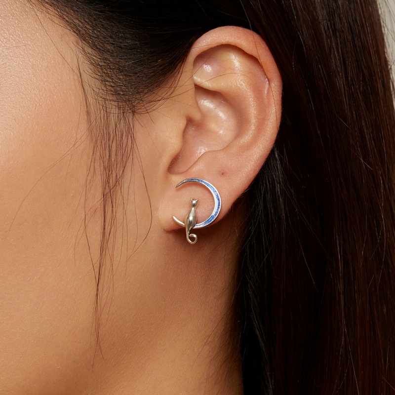 BAMOER Bông Tai bạc 925 HìNh MèO MặT Trăng SCE1609