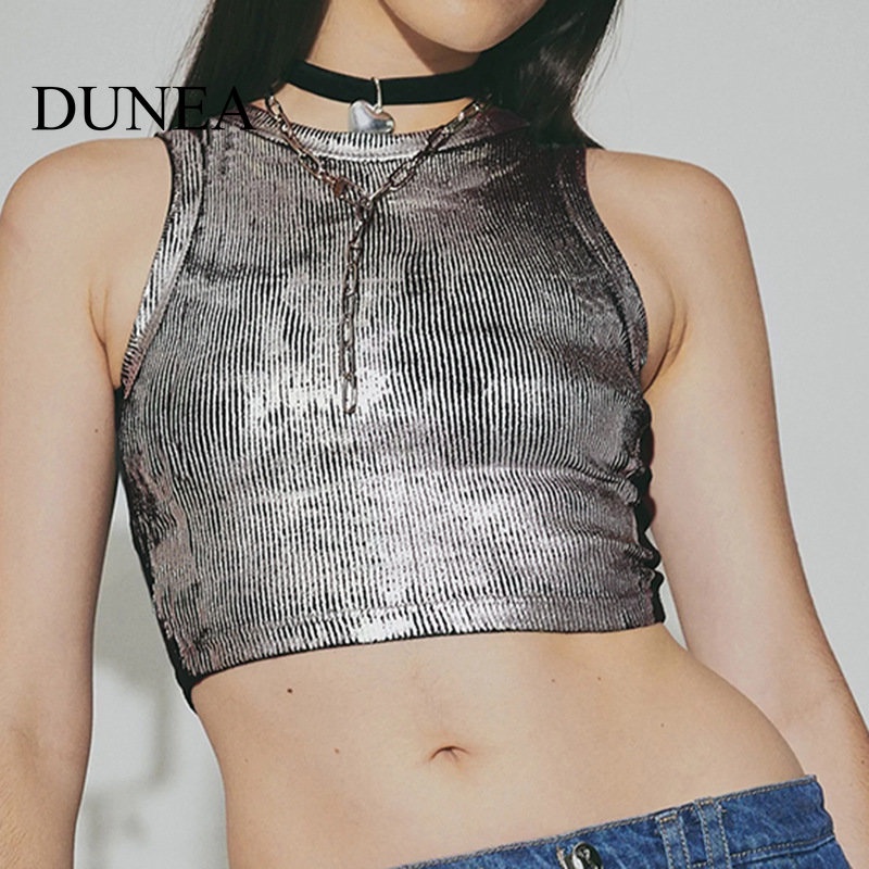 DUNEA Áo Tank Top Ôm Dáng In Họa Tiết Màu Bạc Phong Cách Mới Y2k Cho Nữ