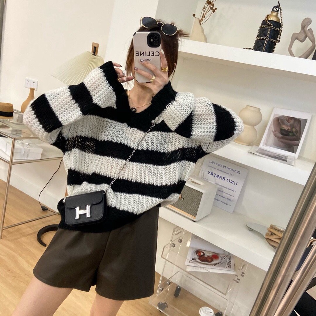 Áo Len Cổ Chữ V Họa Tiết Kẻ Sọc Ngang Phong Cách Nhật Bản Thời Trang Mới Cho Nữ