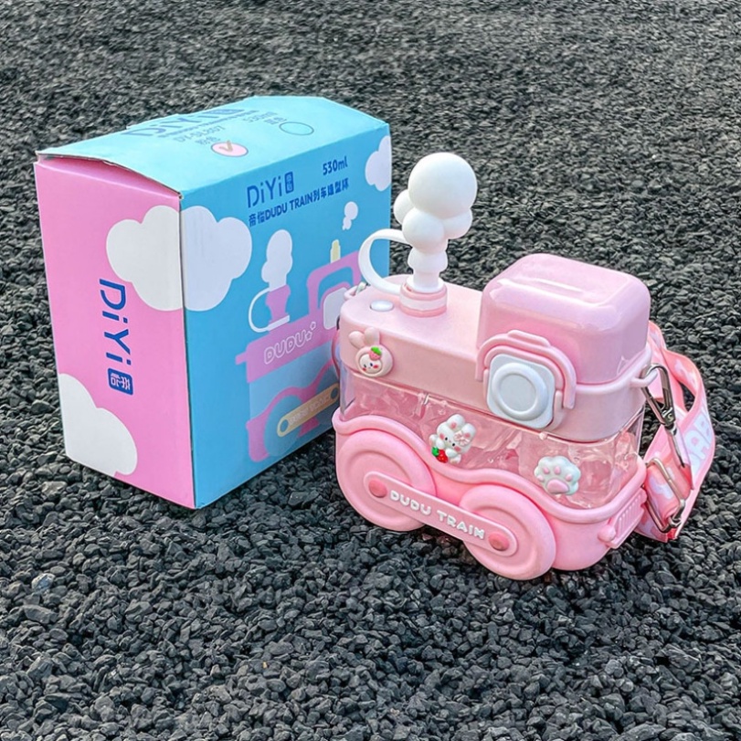 Bình Nước 530ml Hình Đoàn Tàu Sáng Tạo Dễ Thương Kèm Ống Hút / Dây Đeo 2023 Cho Học Sinh