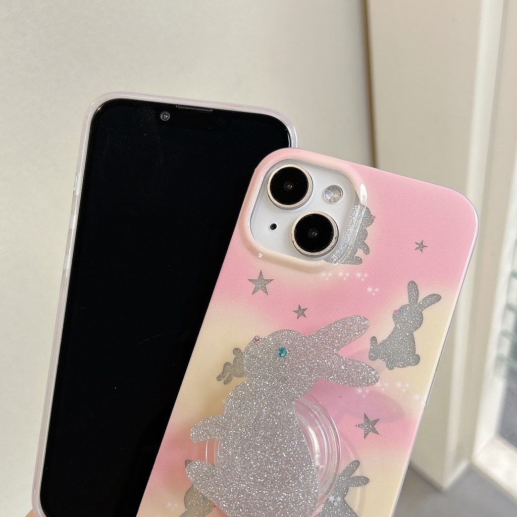 Ốp Điện Thoại Imd Silicone Mềm Trong Suốt Chống Rơi Với Giá Đứng Hình Thỏ Hồng Cho iPhone11 12 13 14 Pro Max