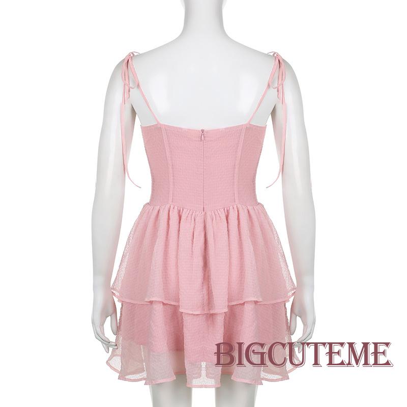 [] - Đầm Mini Dáng Chữ A Không Tay Có Dây Cột Vai Viền Bèo Nhún Màu Hồng Dễ Thương Cho Nữ