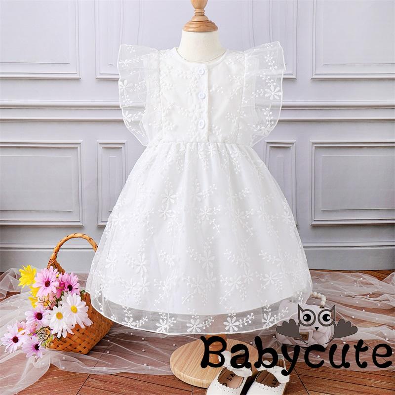 Đầm Dáng Chữ A Tay Bay Thêu Hoa Cài Nút Thời Trang Mùa Hè Dành Cho Bé Gái