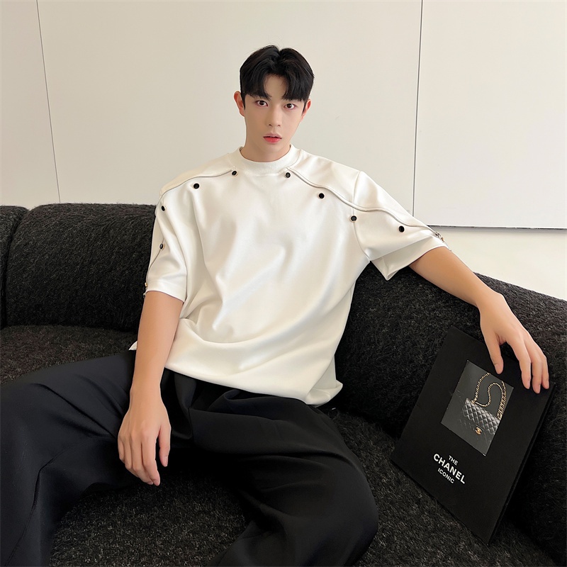 Áo Thun Tay Ngắn Cổ Tròn Dáng Rộng Phối Khóa Kéo Đơn Giản Thời Trang Mùa Hè Cho Nam