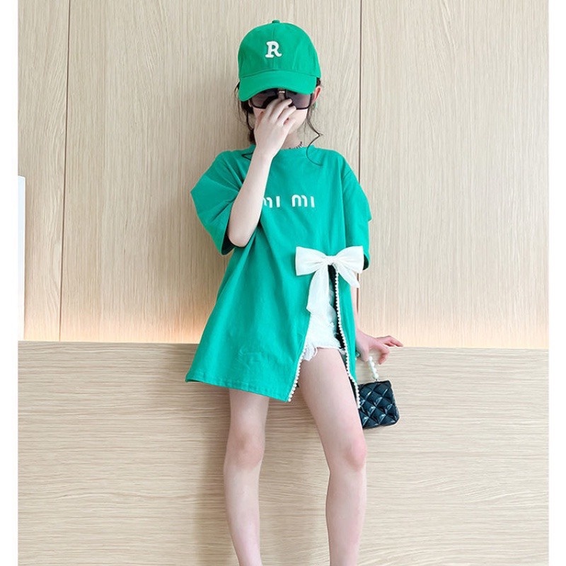 Áo Thun Cotton Mỏng Ngắn Tay Đính Nơ Thời Trang Mùa Hè Cho Bé Gái tặng mũ lưỡi trai