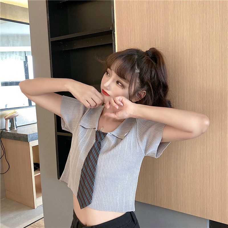 IELGY        Áo Thun Dệt Kim Ngắn Tay Thắt Cà Vạt Phong Cách Hàn Quốc Cho Nữ