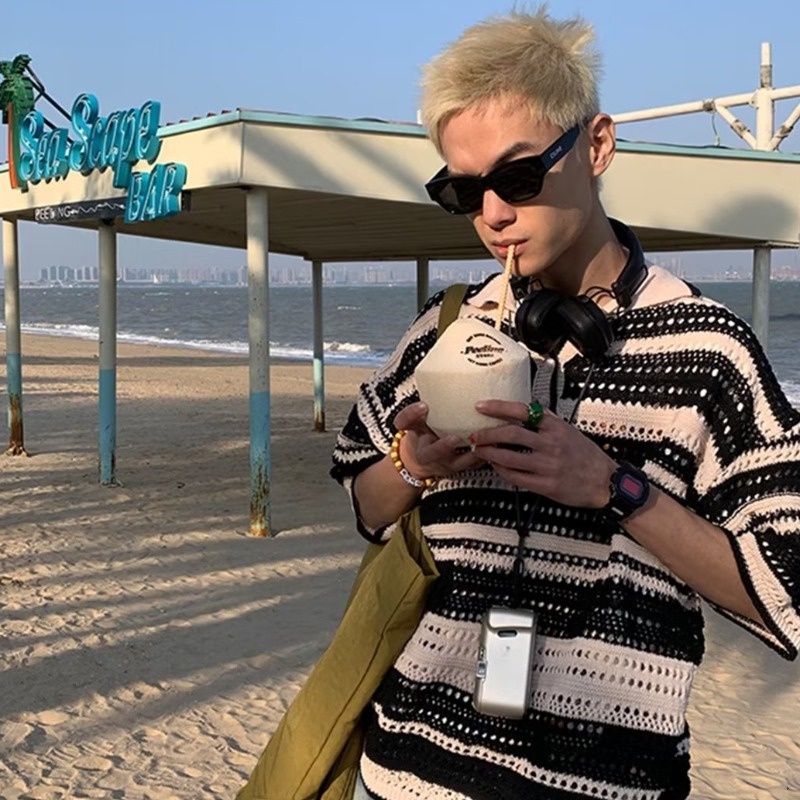 Áo Len Dệt Kim Dáng Rộng Họa Tiết Kẻ Sọc Màu Sắc retro Thời Trang Mùa Hè Cho Nam