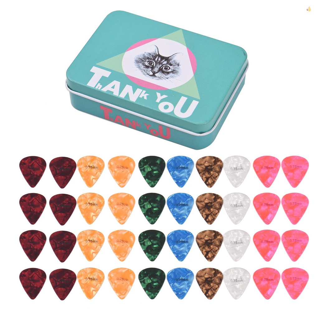 Bộ 60 Miếng Gảy Đàn Guitar Celluloid Có Hộp Đựng Bằng Kim Loại Dành Cho Đàn Guitar Bass / Điện / Guitar Cổ Điển 0.