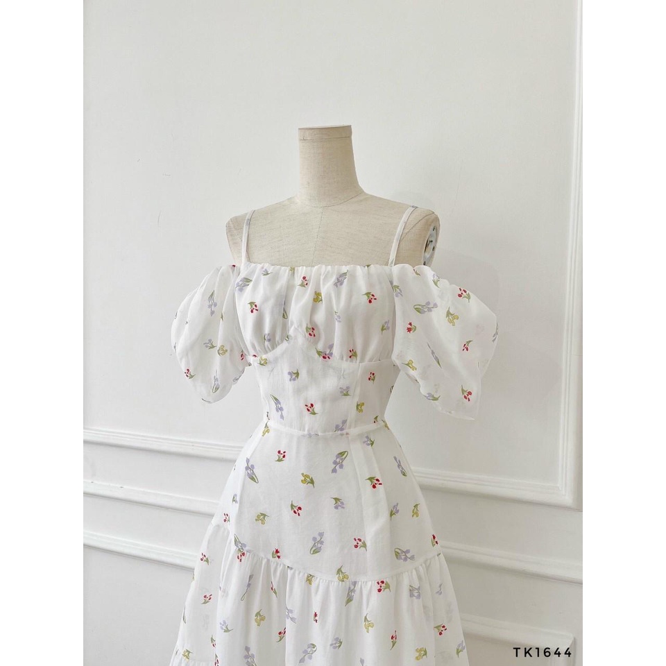 Đầm hoa tầng xòe 2 dây nhún ngực tay phồng kiểu rớt vai