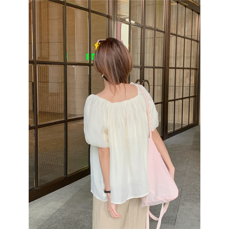 SUXI Áo Chiffon Dáng Chữ A Trễ Vai Tay Phồng Màu Trơn Đơn Giản