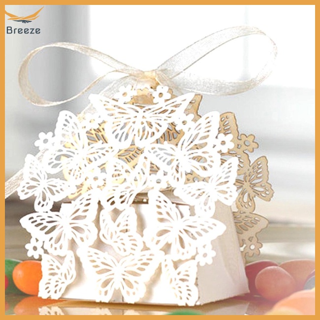 Set 50 Hộp Đựng Kẹo Cưới Hình Bươm Bướm Rỗng Có Dây Ruy Băng Trang Trí Tiệc Cưới / Sinh Nhật