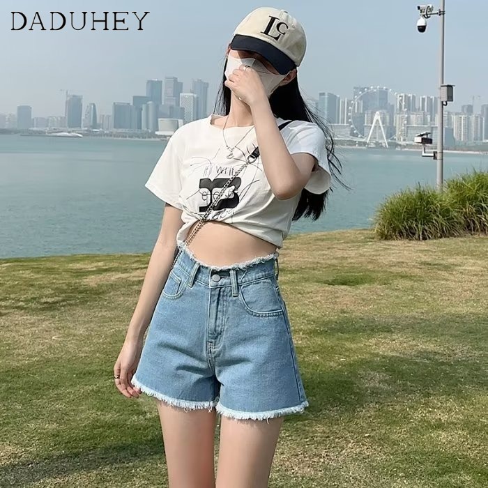 Quần short denim DADUHEY size lớn ống rộng cạp cao viền thô thời trang phong cách Hàn Quốc cho nữ