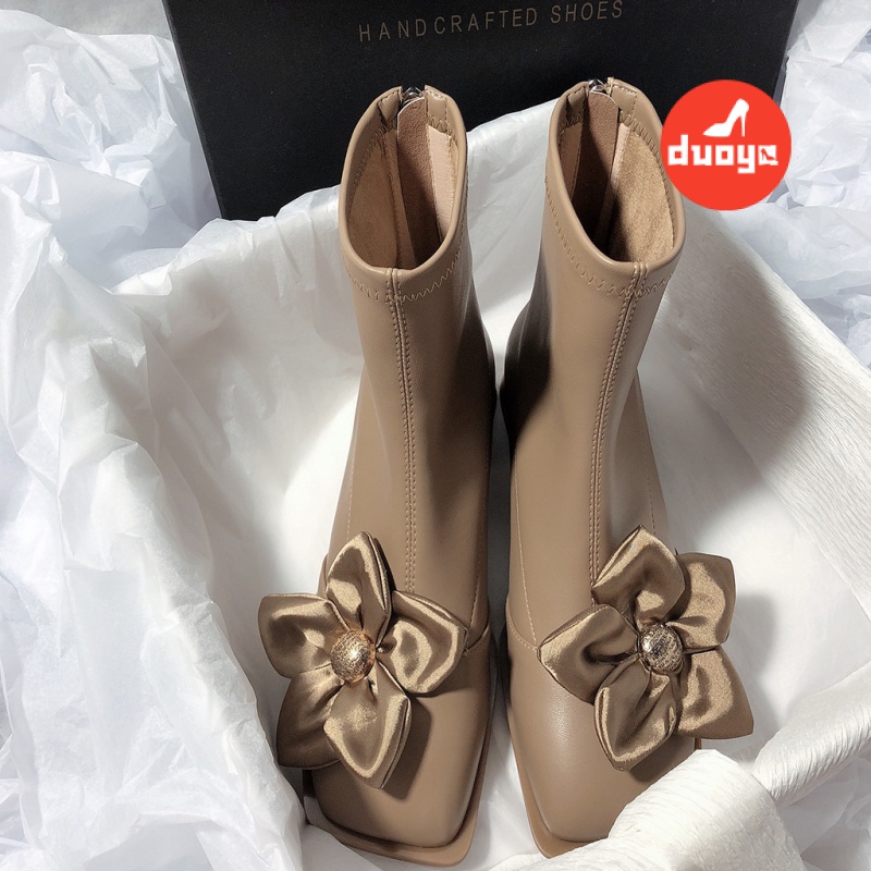 Duoya Tóc Thẳng ~ [Hàng Có Sẵn] Giày Bốt Ống Ngắn Mỏng Co Giãn Họa Tiết Hoa Màu Hồng Phong Cách Hàn Quốc Chất Lượng Cao Thời Trang Cho Nữ