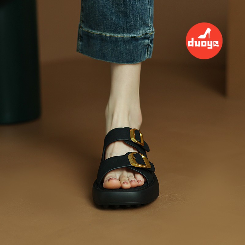 Duoya Tóc Thẳng ~ [Hàng Có Sẵn] Giày Sandal Da Thật Đế Xuồng Mềm Phẳng Có Khóa Cài Phong Cách bao Đơn Giản Đi Biển Miễn Phí Vận Chuyển