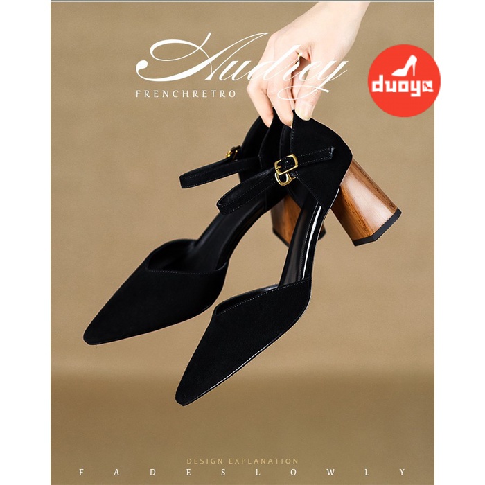 Duoya Tóc Thẳng ~ [Hàng Có Sẵn] Giày Cao Gót Mũi Nhọn Dày Dặn Bằng Da Mềm Có Khóa Cài Thời Trang Xuân Hè Cho Nữ Miễn Phí Vận Chuyển