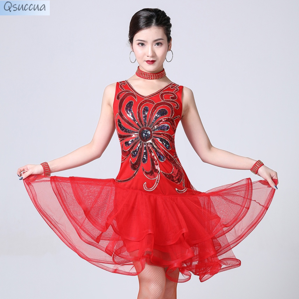 Trang Phục Khiêu Vũ Latin Phối Lưới Đính Kim Sa Lấp Lánh Dành Cho Nữ