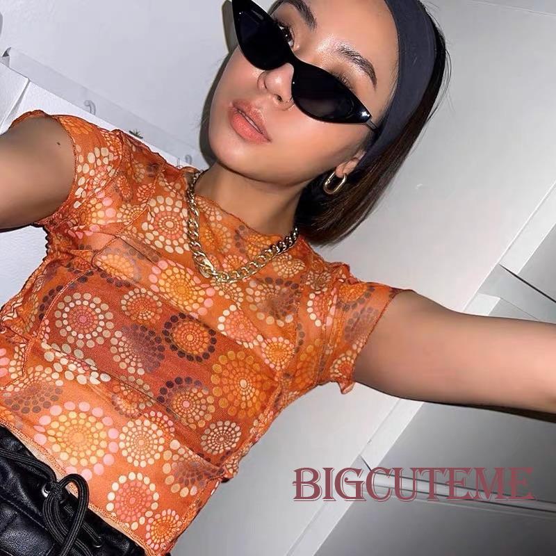 Áo Thun Crop Top Lưới Tay Ngắn Cổ Tròn Nhuộm Màu Thời Trang Mùa Hè Cho Nữ