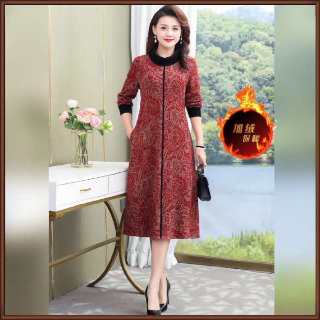 Đầm Dài Tay Cổ Lọ Size Lớn In Họa Tiết Retro Thời Trang Dành Cho Nữ