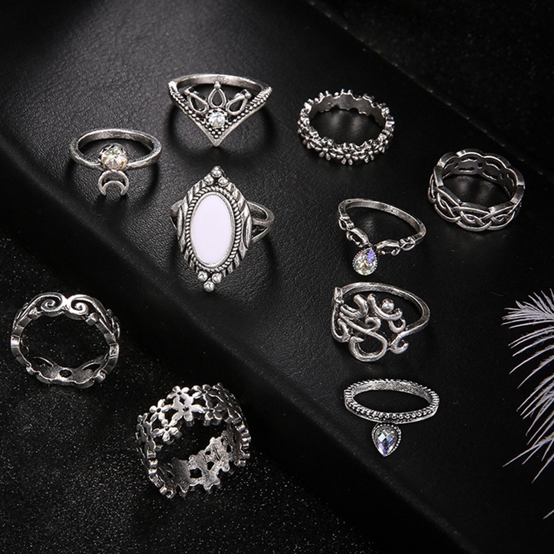 Ygt Set 10 Nhẫn Bạc Đính Đá Opal Hình Học / Mặt Trời / Vương Miện Có Thể Điều Chỉnh Phong Cách Boho Thời Trang Cho