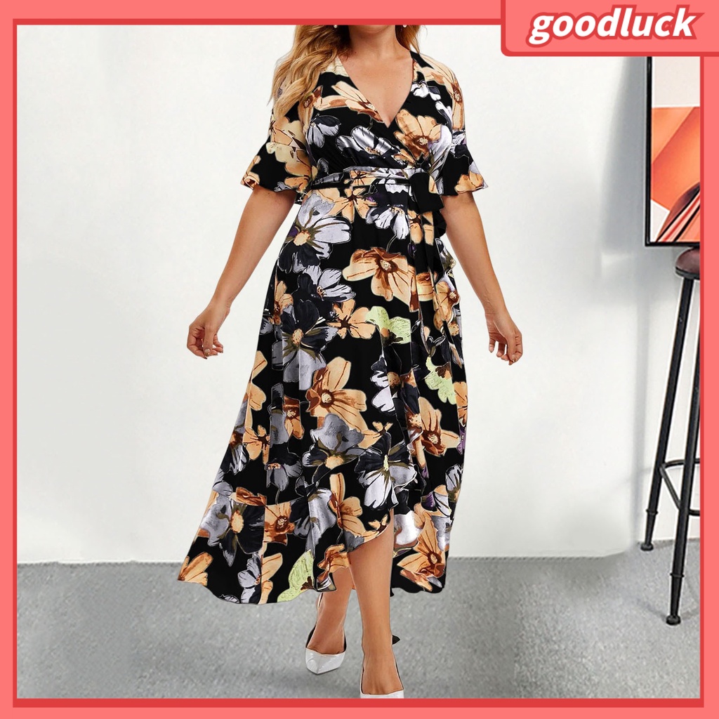 Đầm Tay Ngắn Cổ Chữ V Lưng Cao Cột Dây In Họa Tiết Hoa Phong Cách Bohemia Thời Trang Mùa Hè Cho Nữ