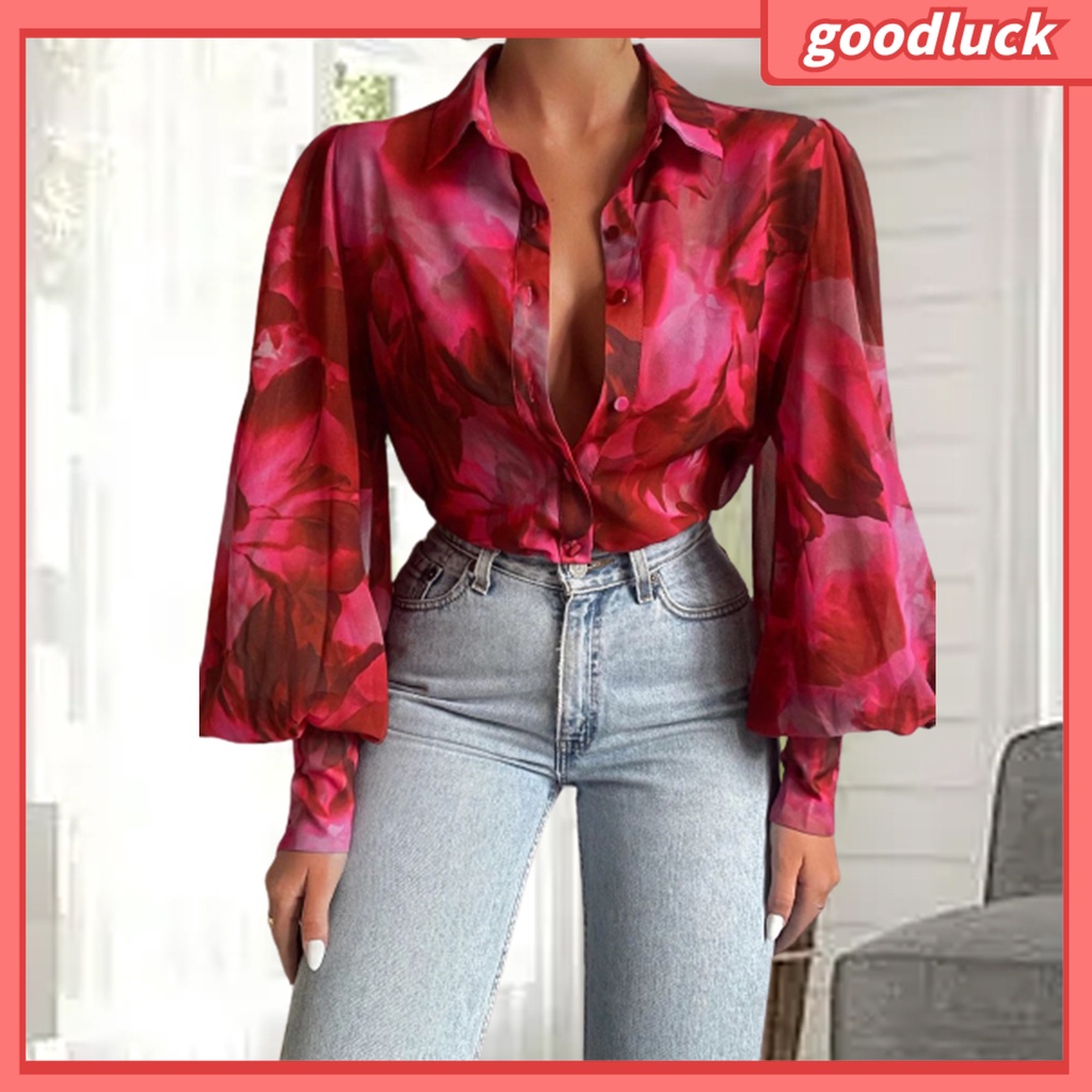 [ULK] Áo Sơ Mi Tay Phồng In Hoa Cổ Bẻ Cài Một Hàng Nút Rộng Phong Cách Vintage Cho Nữ