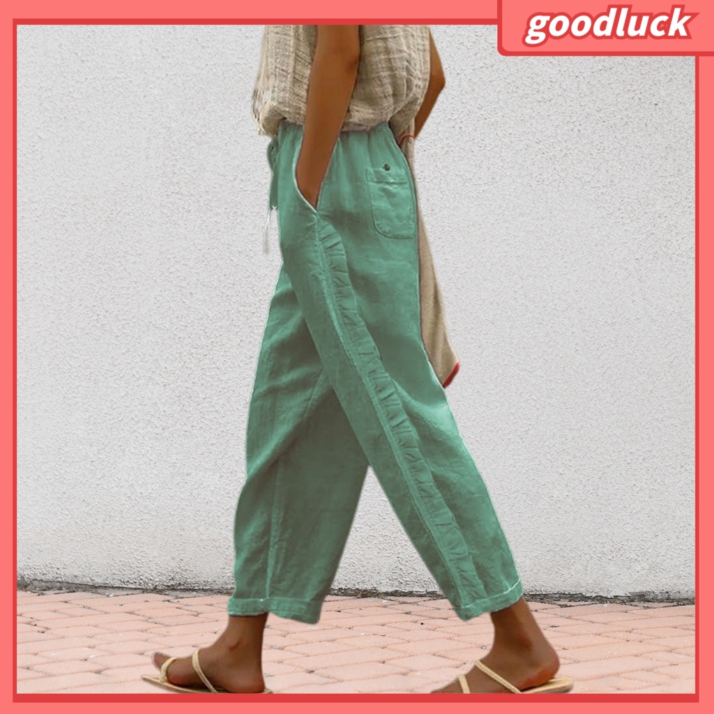 [ULK] Quần Dài Dây Rút Co Giãn Phối Viền Bèo Bên Hông Màu Trơn Thời Trang Đường Phố Mùa Hè Cho Nữ
