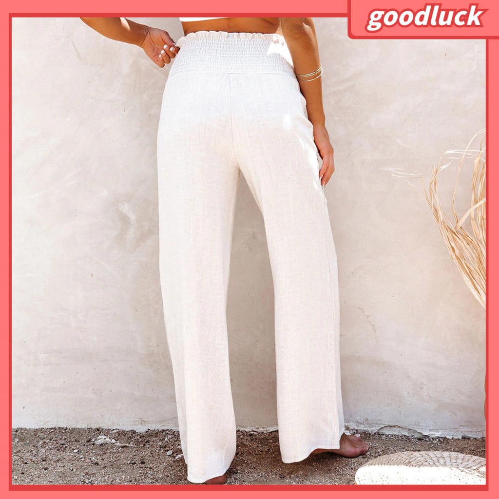 Quần Dài Ống Rộng Lưng Cao Màu Trơn Cài Nút Thoải Mái Thời Trang Cho Nữ