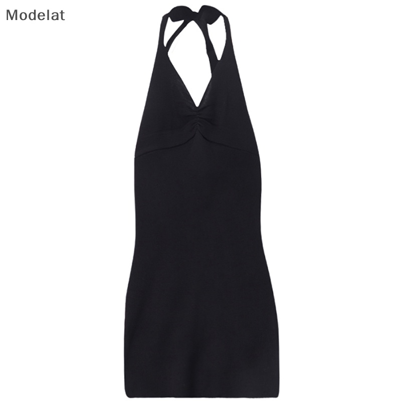 Đầm Hai Dây Cổ Chữ V Hở Lưng Màu Đen Thời Trang Mùa Hè Cho Nữ