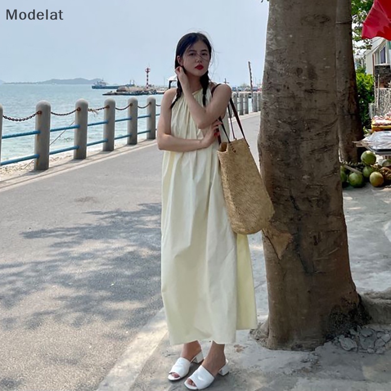 Đầm Midi Sát Nách Màu Trơn Dáng Rộng Thời Trang Mùa Hè Xinh Xắn Cho Nữ