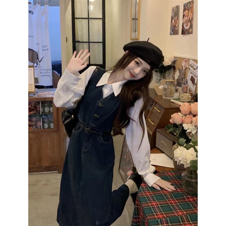 Bộ Áo Sơ Mi + Chân Váy Denim Dài Giả Hai Lớp Mẫu Mới 2023 Thời Trang Mùa Xuân Pháp Cho Nữ