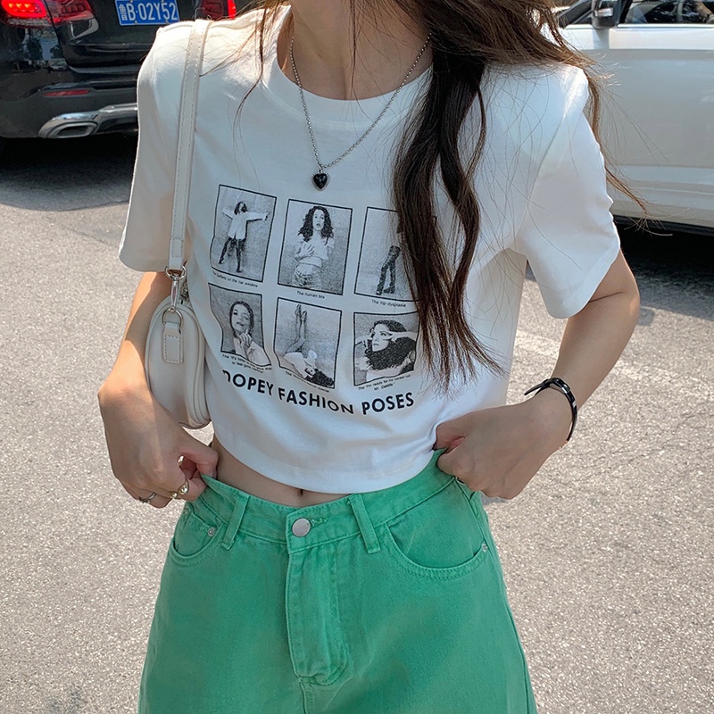 SUXI Áo Croptop Chất Liệu Cotton Dáng Ôm In Họa Tiết Phong Cách Cổ Điển Thời Trang Mùa Hè Cho Nữ