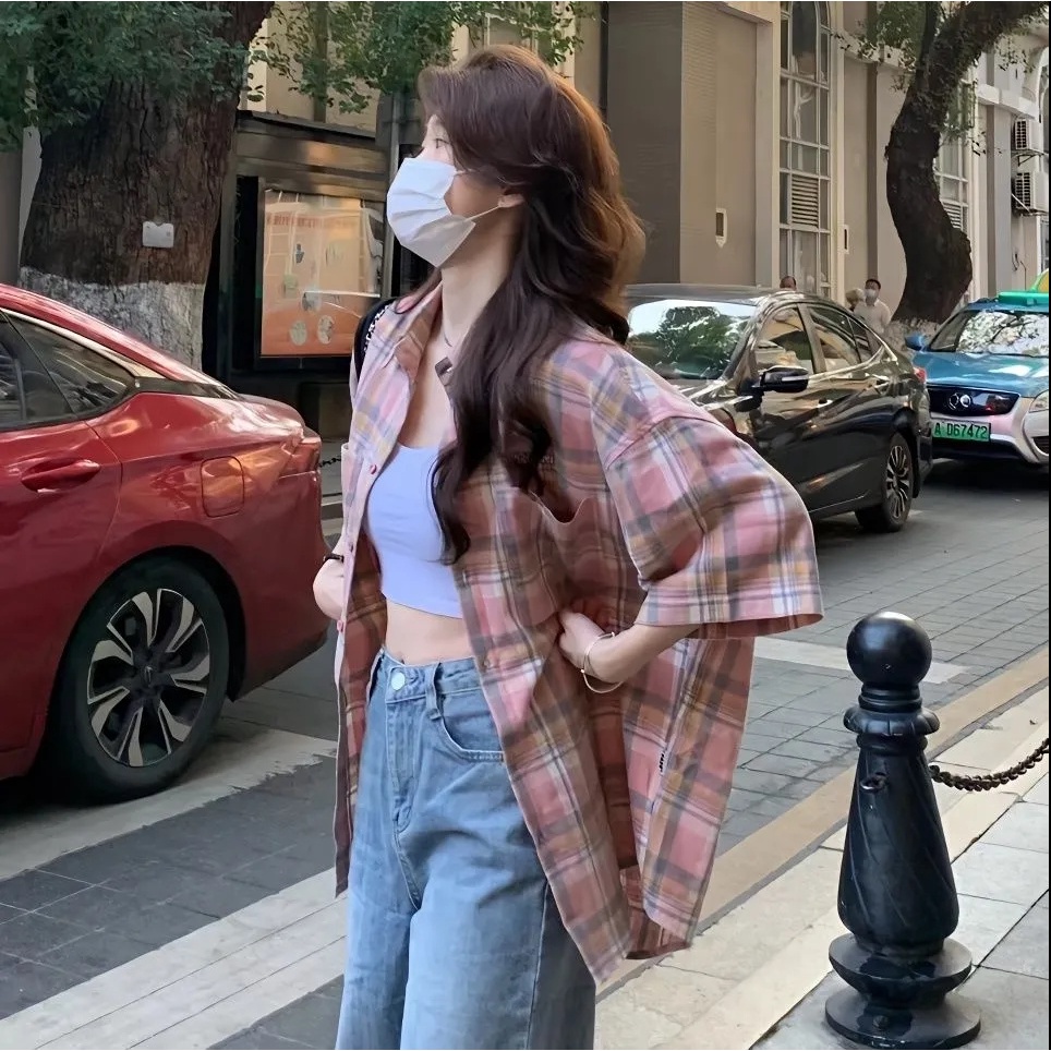 Áo Sơ Mi Ngắn Tay Dáng Rộng Hoa Văn Kẻ Ô Phong Cách Retro Nhật Bản Dành Cho Nữ