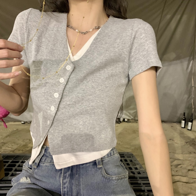 Áo Thun Ngắn Tay Cổ Chữ v Giả Hai Mảnh Màu Đen Thời Trang Mùa Hè Cho Nữ