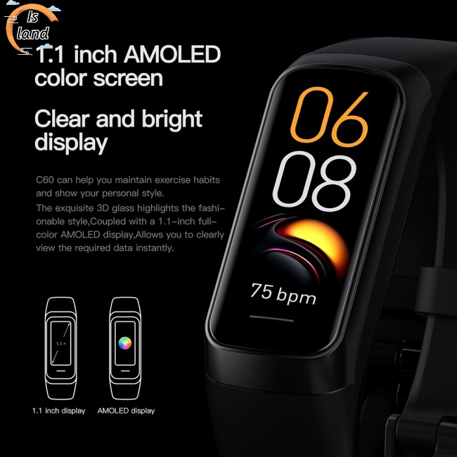 Đồng Hồ Thông Minh C60 Màn Hình 1.1 Inch Theo Dõi Nhịp Tim Hd Và Phụ Kiện