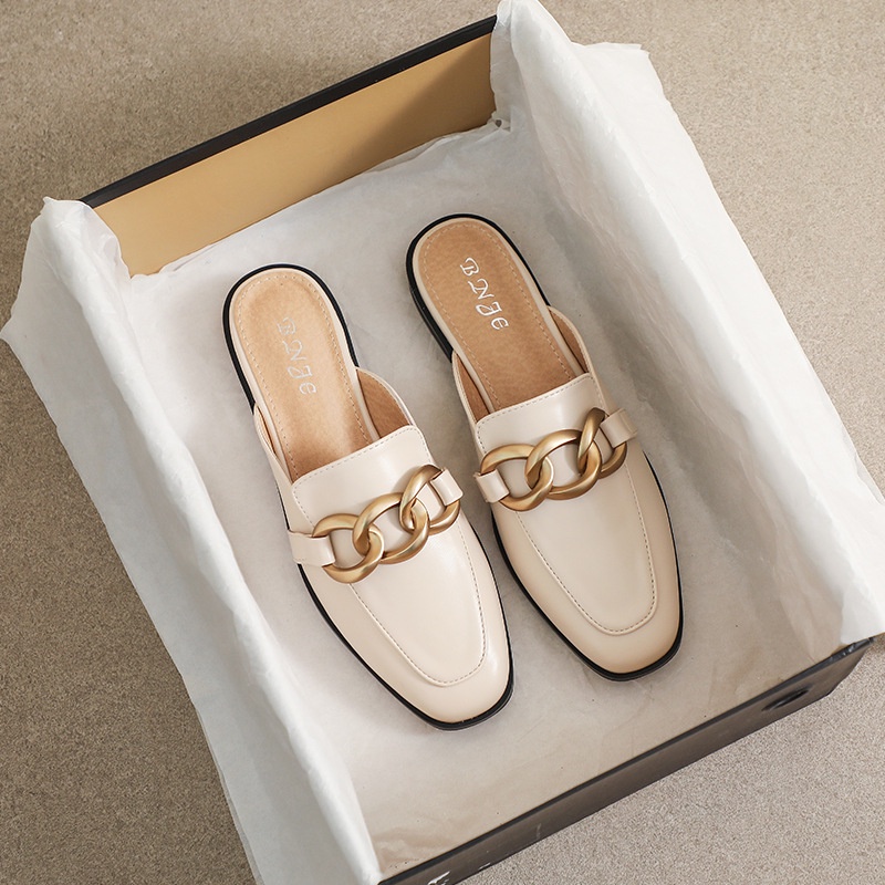 Dép Muller 2023 Mũi Vuông Đế Dày Phối Xích Kim Loại Phong Cách Hàn Quốc Mới Cho Nữ AA4229