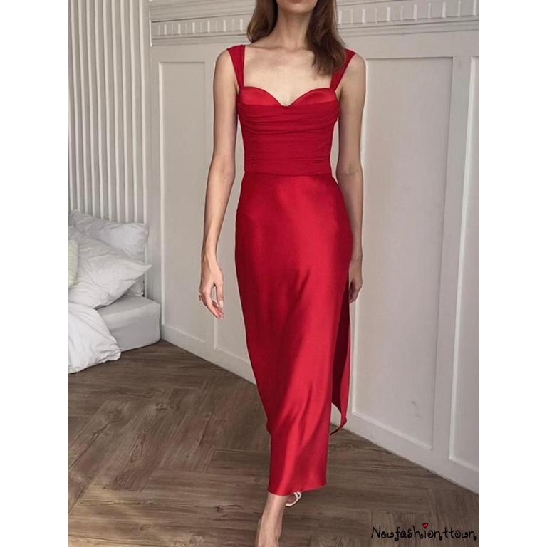 Đầm Maxi Hai Dây Cổ V Hở Vai Màu Trơn Gợi Cảm Cho Nữ
