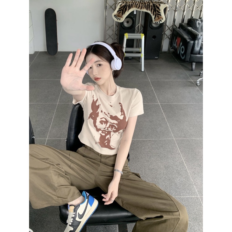 Áo CropTop Thun Ngắn Tay Dáng Rộng In Họa Tiết Retro Thời Trang Cho Nữ