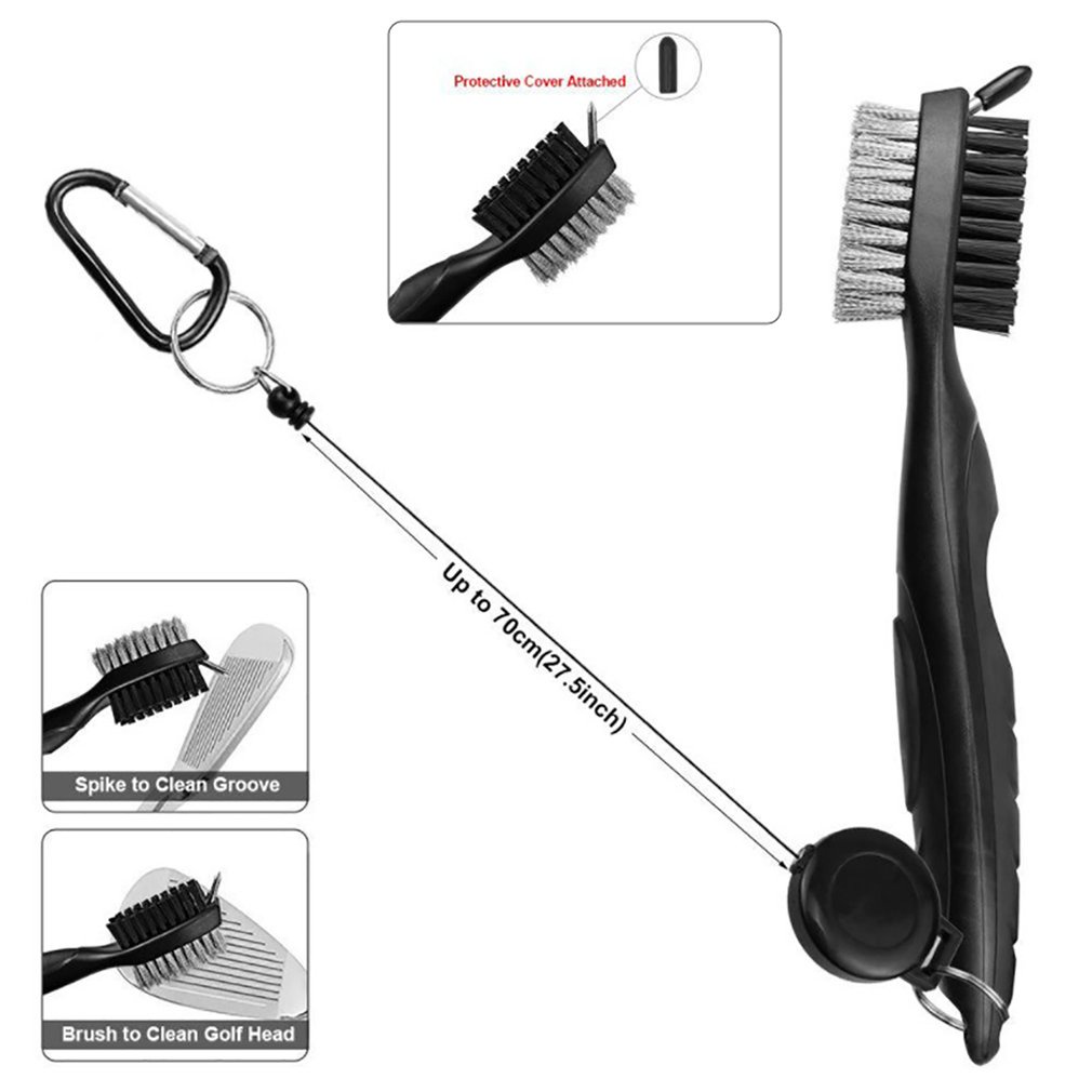 Golf Club Brush Grooves Cleaner Optimal Performance Wire Nylon Bristle Brushes With Retractable Zipline Cord Carabiner Clip [Q/5]