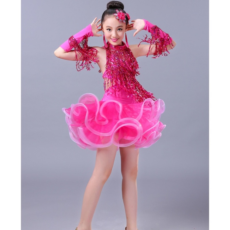 Đầm Khiêu Vũ Tua Rua Đính Kim Sa Salsa Samba Dành Cho Bé Gái