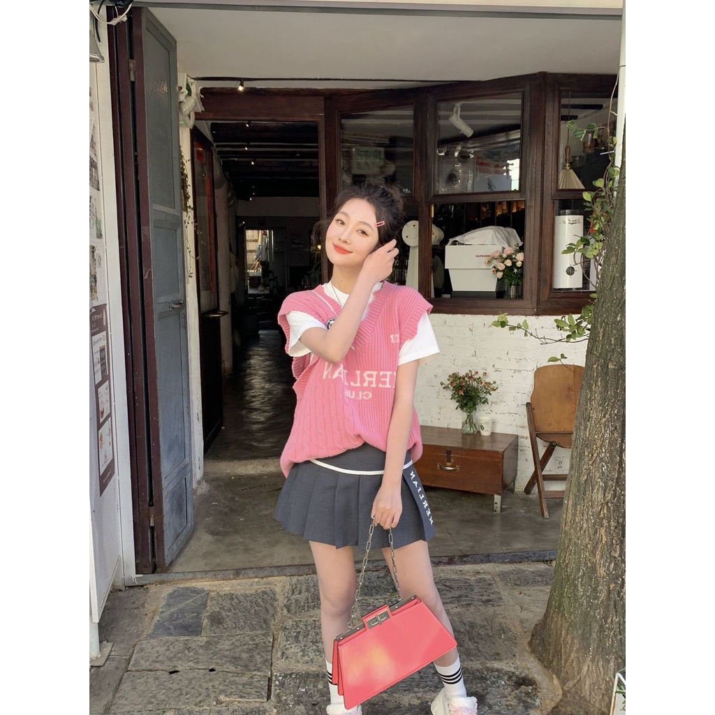 Set Áo Thun Sát Nách + Áo Thun Dệt Kim Màu Hồng Dễ Thương Xinh Xắn Cho Nữ