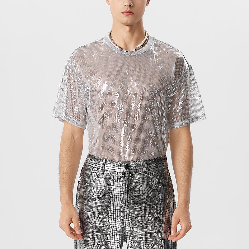 INCERUN Áo Thun Tay Ngắn Dáng Rộng Đính Hạt Lấp Lánh Cá Tính Cho Nam