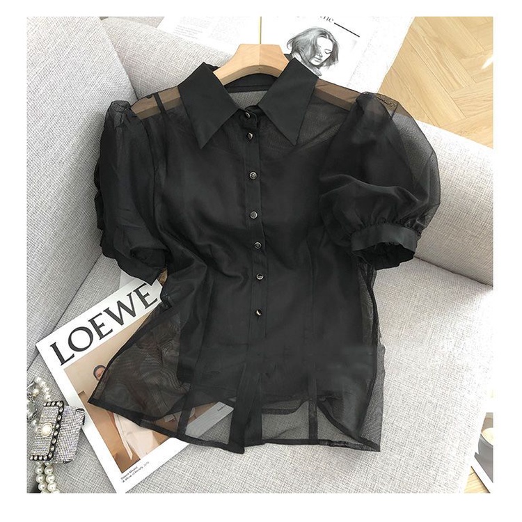 Áo Sơ Mi Tay Ngắn Phồng Trong Suốt Màu Đen Thời Trang Mùa Hè 2023 Cho Nữ