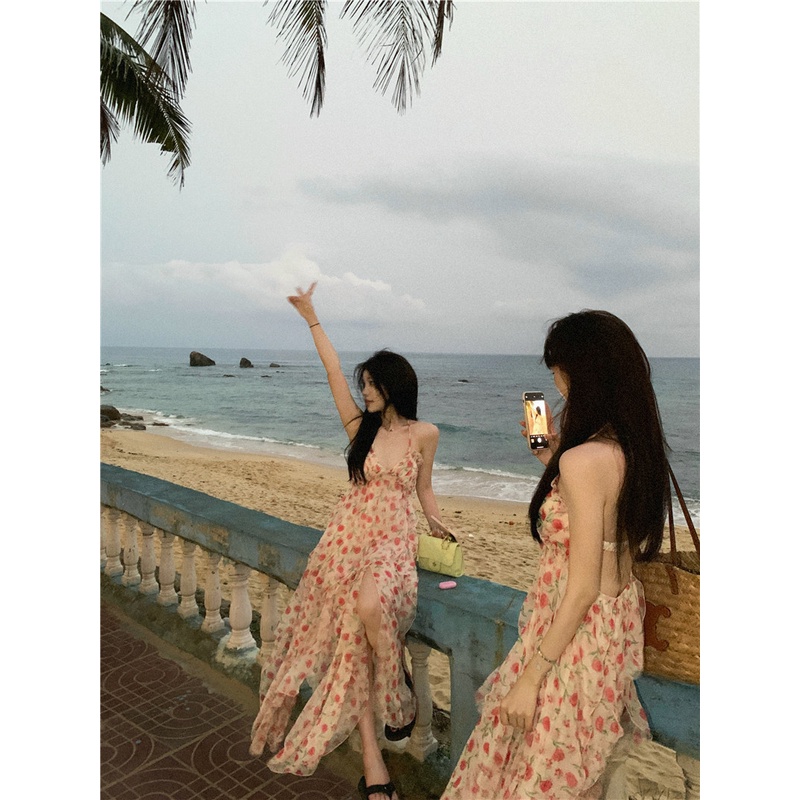 Đầm Dài Xẻ Tà Hở Lưng In Họa Tiết Hoa Thời Trang Mùa Hè Xinh Xắn Cho Nữ