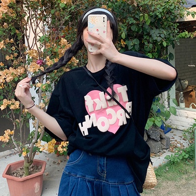 Áo Thun Đen Tay Ngắn Dáng Rộng In Hình Trái Tim Phong Cách Harajuku Thời Trang Cho Nữ