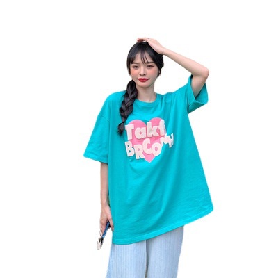 Áo Thun Đen Tay Ngắn Dáng Rộng In Hình Trái Tim Phong Cách Harajuku Thời Trang Cho Nữ