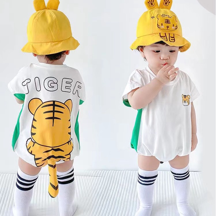 Áo Liền Quần Tam Giác Bằng Vải Cotton Mỏng Tay Ngắn In Hình Hổ Hoạt Hình Dành Cho Bé Trai Gái 0-18 Tháng Tuổi