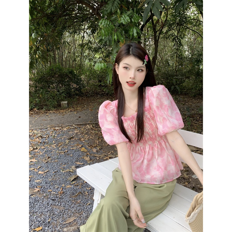 Áo Kiểu Tay Ngắn Cổ Vuông In Họa Tiết Hoa Thời Trang Mùa Hè Xinh Xắn Cho Nữ