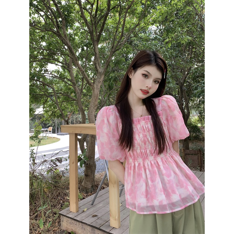 Áo Kiểu Tay Ngắn Cổ Vuông In Họa Tiết Hoa Thời Trang Mùa Hè Xinh Xắn Cho Nữ