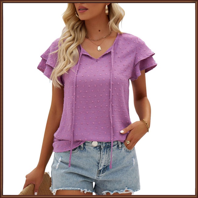 Áo Sơ Mi Chiffon Cổ Tròn Tay Ngắn Phối Bèo Và Quả Bông Thời Trang Mùa Hè Cho Nữ